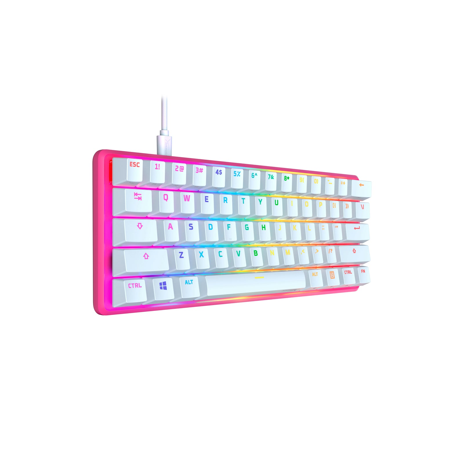 HyperX Alloy Origins 60 Pink Gaming Mechanical Keyboard showing the left side view featuring customizable RGB lighting