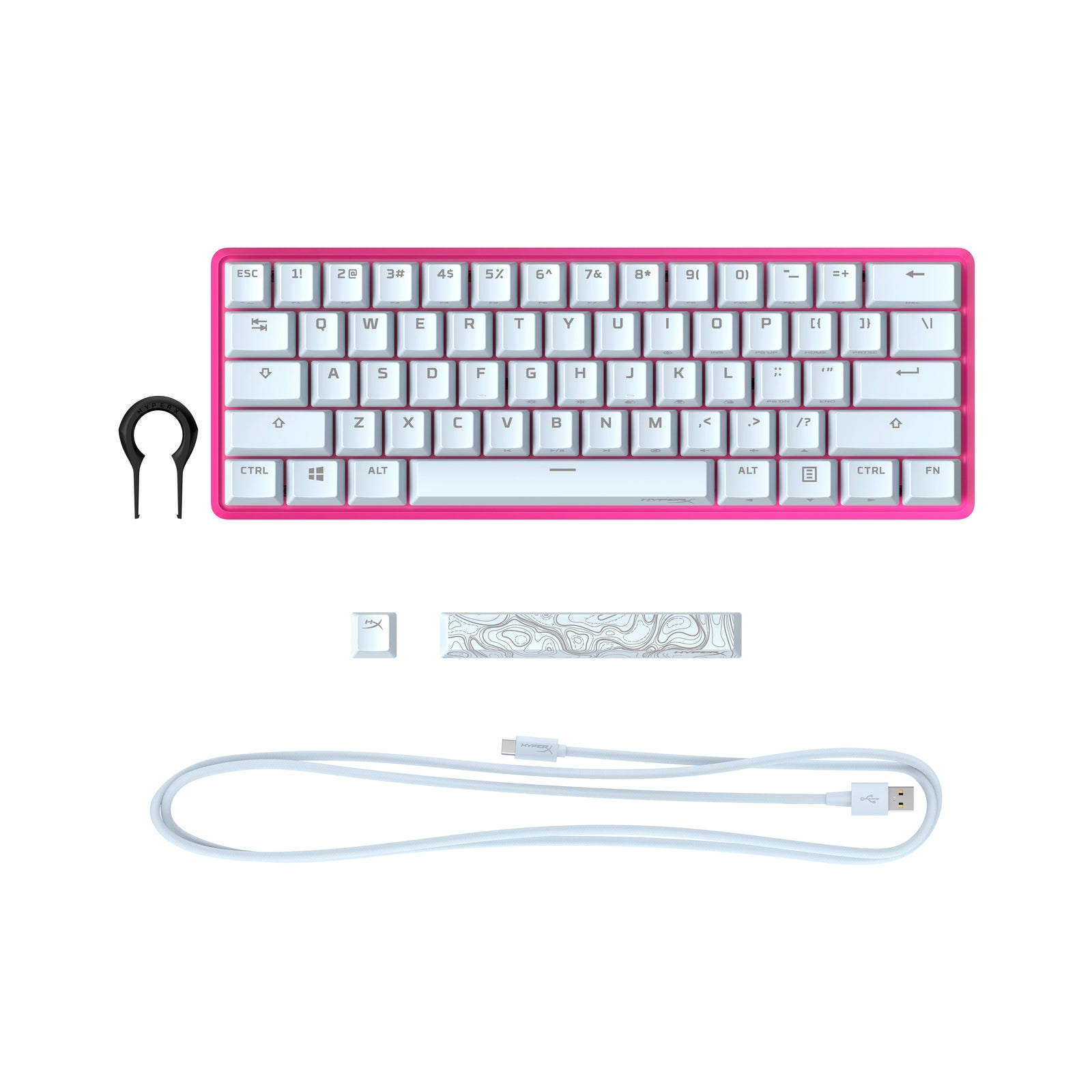 HyperX Alloy Origins 60 Pink Mechanical Gaming Keyboard and additional box contents including cable 