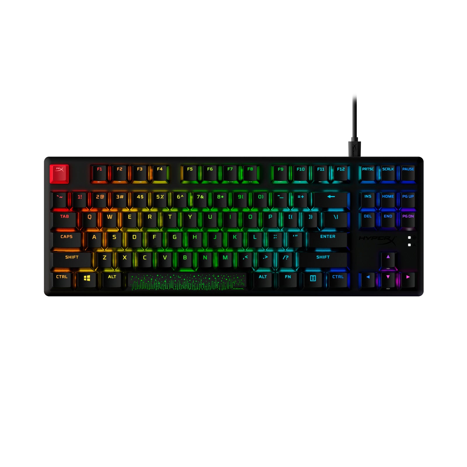 HyperX Alloy Origins Core PBT Gaming Keyboard, Blue Switches,  Front View Showing RGB Effects & HyperX designed space bar and escape key