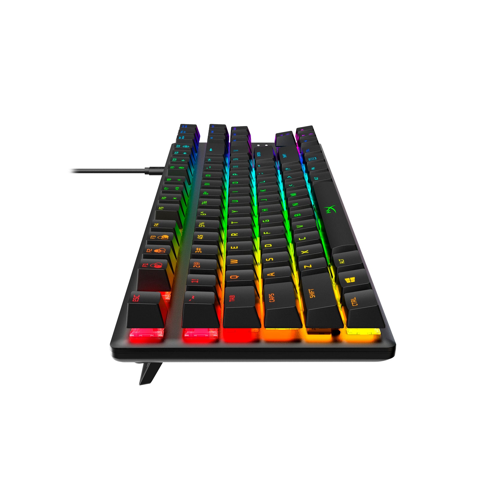 HyperX Alloy Origins Core gaming keyboard, side view displaying RGB lighting effects
