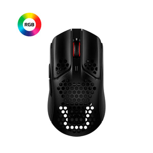 HyperX Pulsefire Haste wireless gaming mouse front facing view displaying RGB logo and hex shell design