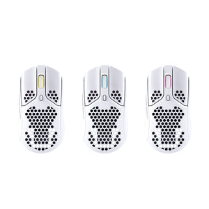 HyperX Pulsefire Haste Wireless White gaming mouse, front view, featuring different examples of the scroll with the RGB light